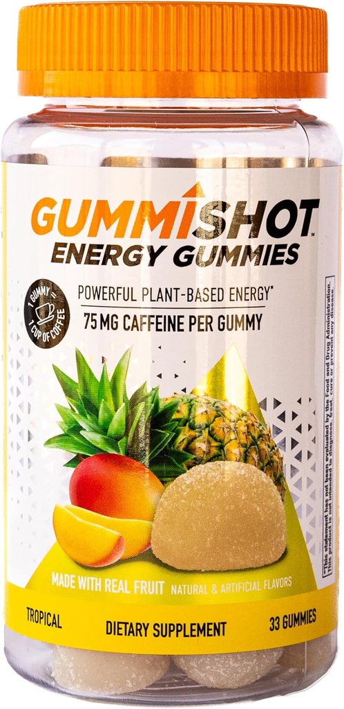 GummiShot Energy Gummies, 2475mg pflanzenbasierte Koffein-Käse pro Flasche, lang anhaltende Energie-Booster, Tropical (33ct)