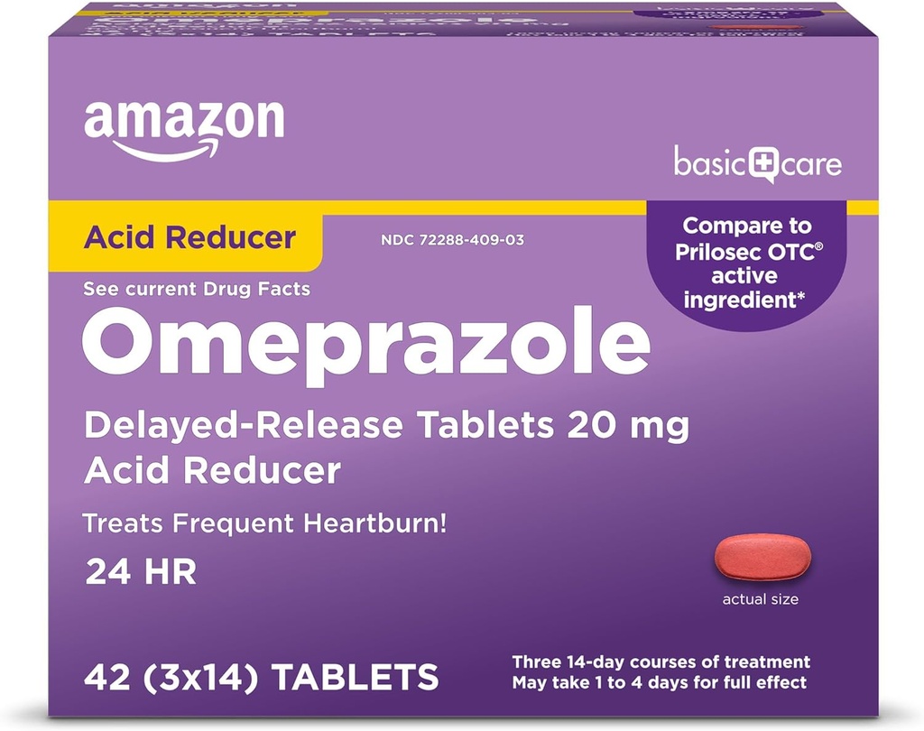 Basic Care Omeprazol Delayed Release Tablets 20 mg, Treats Frequent Sodbrennen, Säure Reducer, Sodbrennen Medizin, 42 Count (Pack von 1) (Verpackung kann variieren)