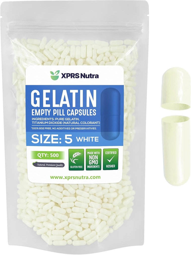 XPRS Nutra Größe 5 Leere Kapseln - 500 Graf Sehr kleine leere Gelatine Kapseln - Pillen DIY Kapsel Füllung - Fillable Pille Gel Kapseln für Do-It-Yourself Vitamin Supplements (Weiß)