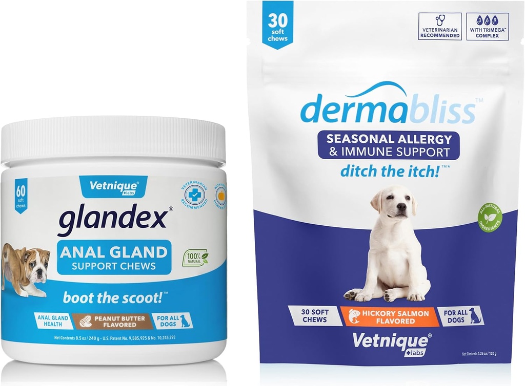 Vetnique Labs Dermabliss Allergy Chews 30 Ct und Glandex Anal Gland Support Chews 60 Ct Bundle Dog Vitamine & Supplements, Anal Gland Dog Treats with Probiotics, Hundeallergiker Hautbehandlung Weiche Kaue