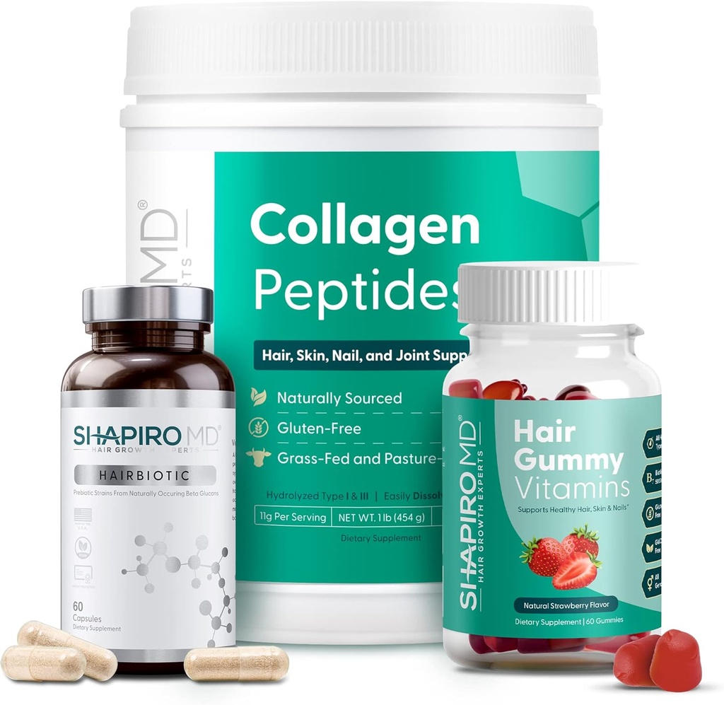 Inner Wellness Trio - Dietary Supplements for Full, Strong, Healthy Hair - Collagen Powder, Daily Vitamin, and Prebiotic Formula | Recommended by Dermatologist | Shapiro MD