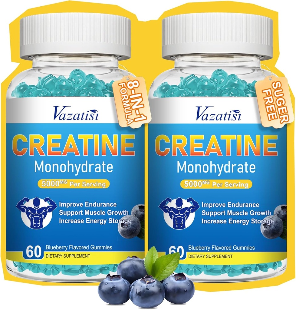 2 Pack Creatine Monohydrate Gummis für Damen und Herren, Sugar Free Vegan Creatine Ergänzung für Muskeln zu bauen, Energie und Stärke zu erhöhen, Blueberry Flavor, 120 Count
