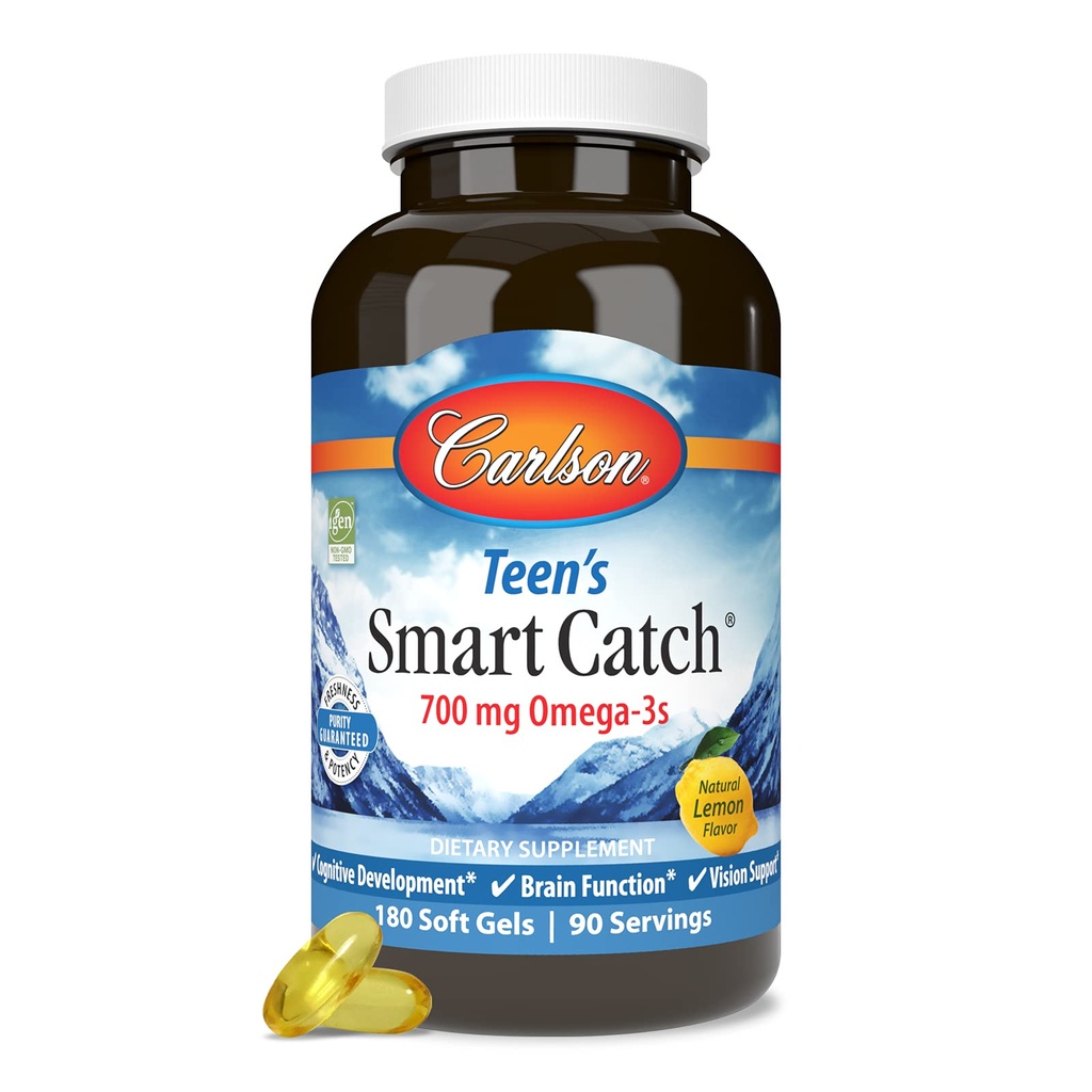 Carlson - Teen's Smart Catch, 700 mg Oméga-3s, Développement cognitif, Fonction cérébrale et soutien de la vision, Citron, 180 Softgels