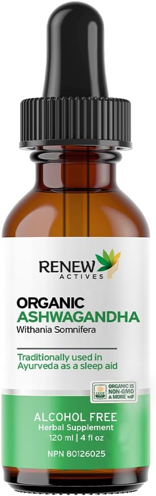 Renew Actives Organic Ashwagandha Liquid 220MG pro 2 ml– Schnell-Absorbierende Formel für kognitive Funktion, Speicher, Energie, Stress, Sleep & Immune Health & Mental Clarity – Made in Canada - 120 ml
