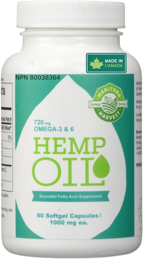 Manitoba Harvest Hanf Seed Oil Softgels, 2,475mg pflanzliche Omegas 3,6 & 9 pro Portion einschließlich GLA, Fish Oil Alternative, 60ct (Pack von 12)