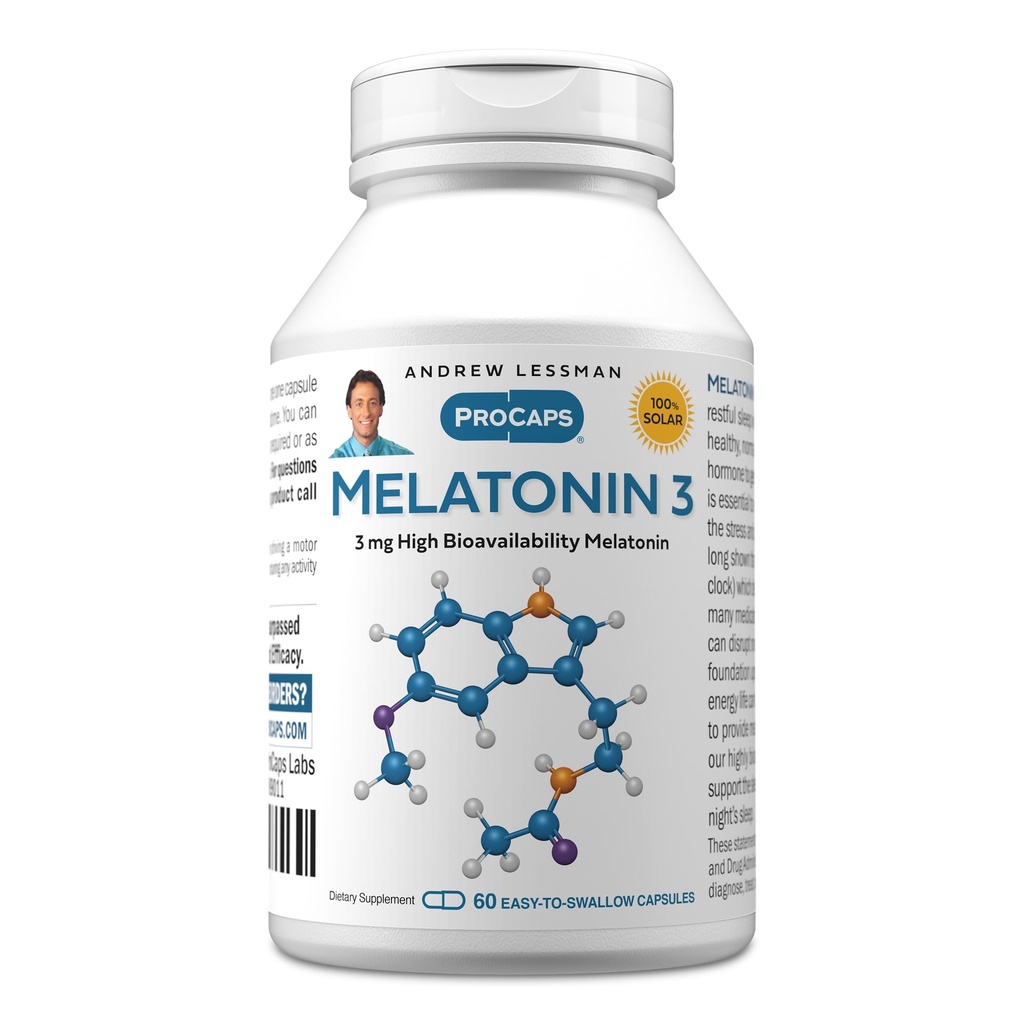 ANDREW MOINSMAN Melatonin-3 mg - 60 Capsules - Niveaux physiologiquement équilibrés pour favoriser naturellement le sommeil reposant. Réglemente le rythme circadien quotidien. Ça facilite le sommeil. Pas de gueule de bois matinale