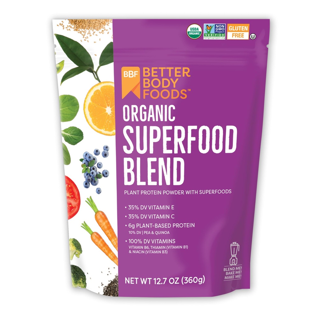 BetterBody Foods Poudre biologique Superfood avec protéines, vitamines C, E et B12 (12,7 oz.)