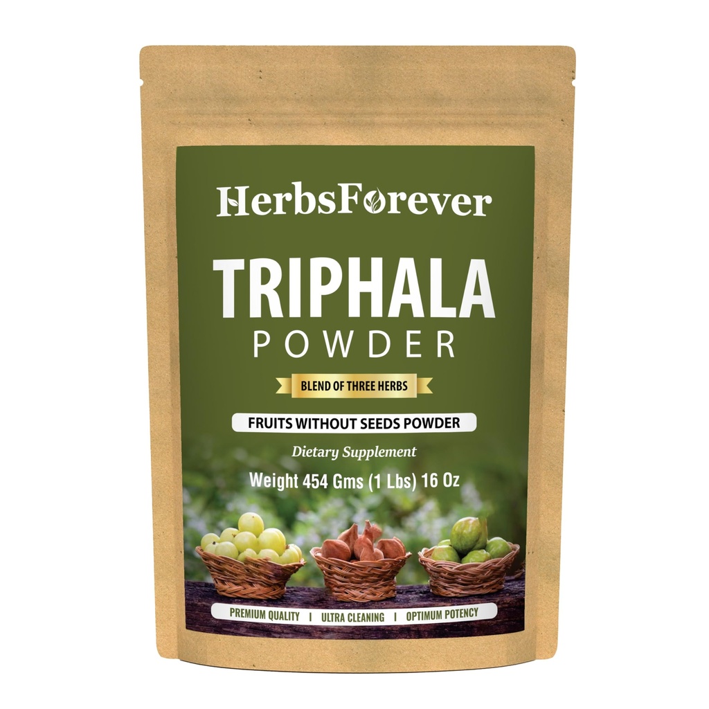 Herbsforever Triphala Churna Pulver Traditionelle Ayurvedische Formulierung unterstützt Entgiftung und Verjüngung Nicht GVO, Vegan 454 GMS