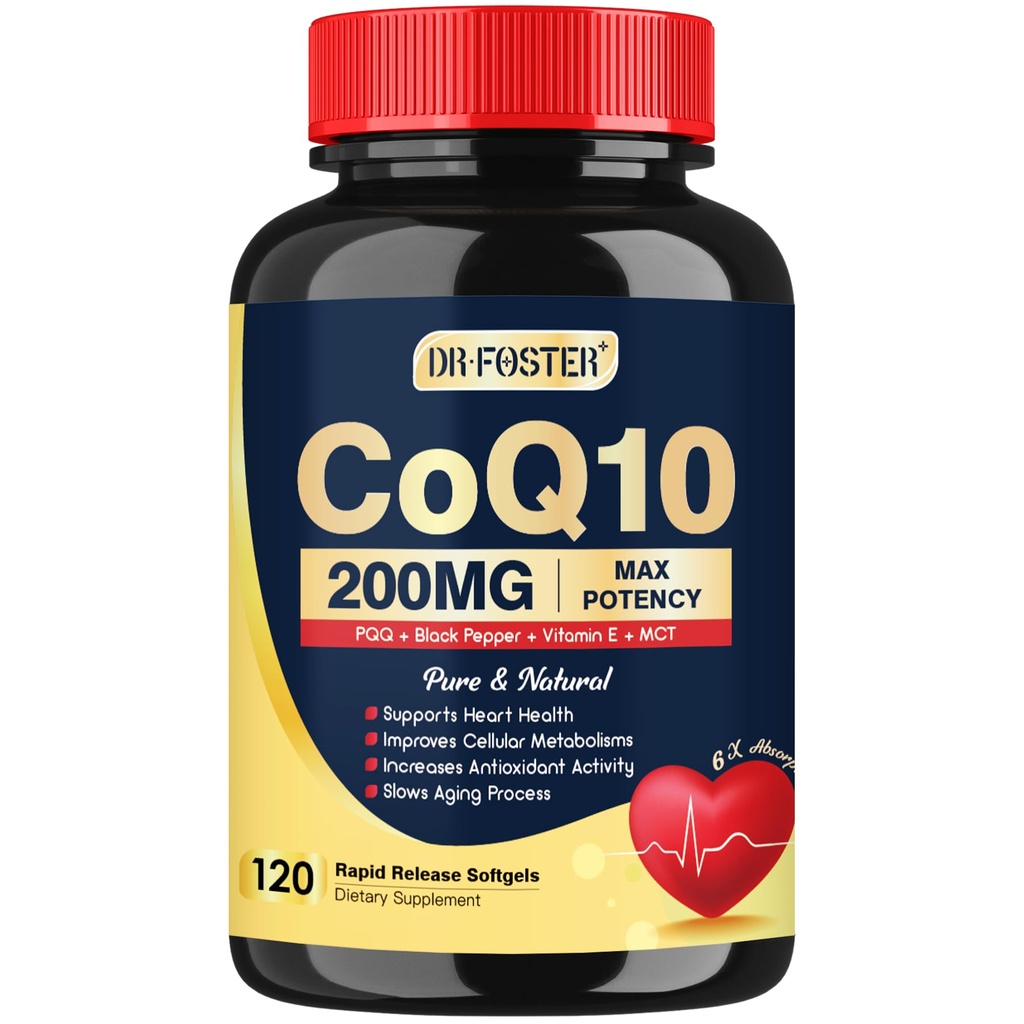 DRFOSTER Coq10 200mg, Coenzym Q10 für Antioxidantien & Energieproduktion, 6X Höhere Absorption Cq10 mit Vitamin E & PQQ & Schwarz Pfeffer Extrakt, Co q 10 Supplement 120 Servierungen