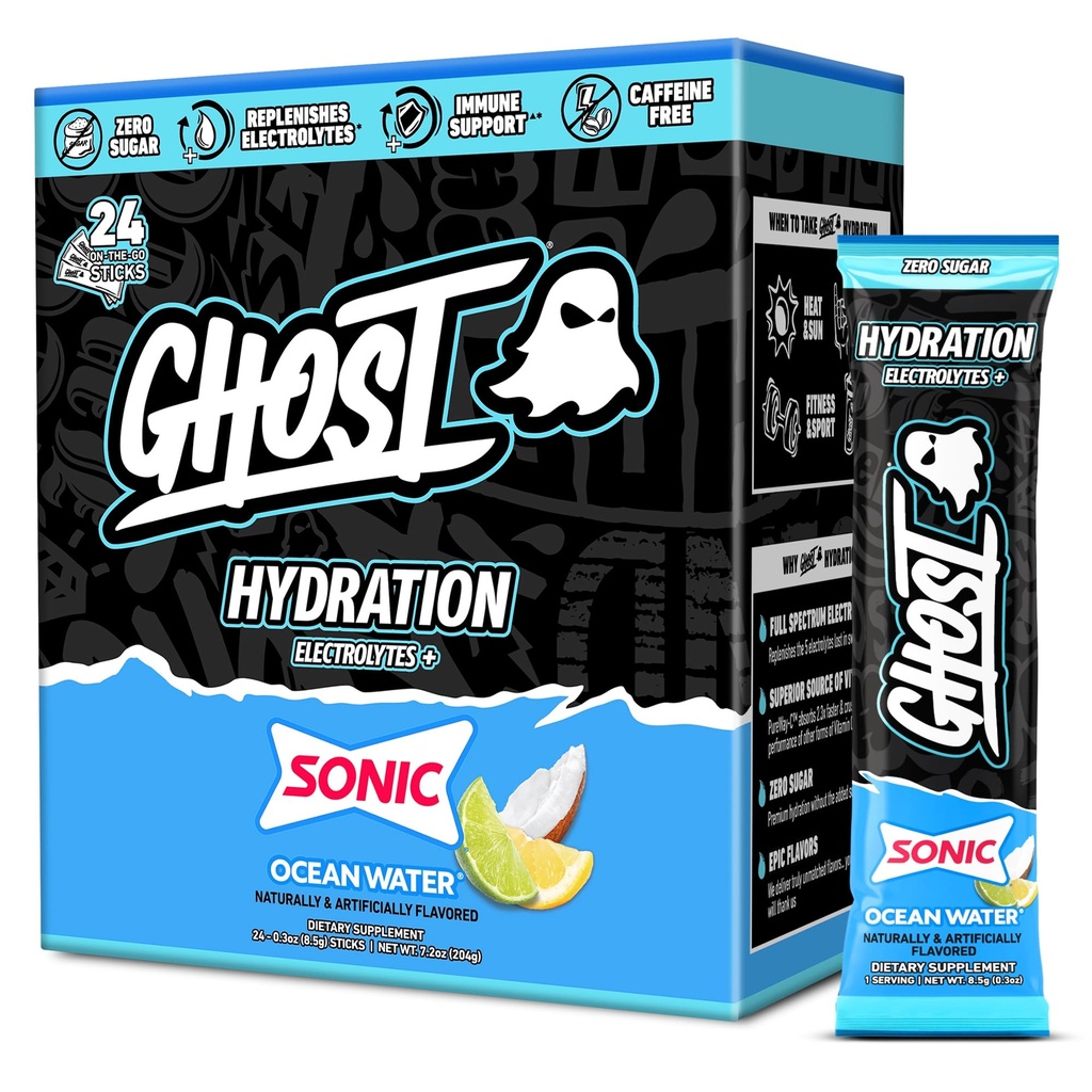 GHOST Hydration Packets, Sonic Ocean Water, 24 Sticks, Elektrolyt-Pulver - Getränke Mix Supplement mit Magnesium, Kalium, Calcium, Vitamin C - Vegan, frei von Soja, Zucker & Gluten