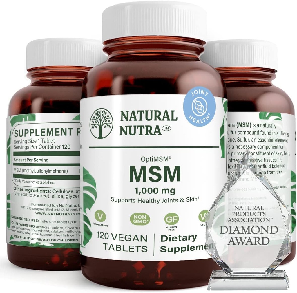 Natürliche Nutra OptiMSM, MSM-Ergänzung mit Schwefel, Verhindern Sie dünnendes Haar, erhöhen Sie Gelenkflexibilität und Knochengesundheit, Knorpelgesundheit, unterstützt Flüssigkeitsbilanz, 1000 mg, (120) Vegan Tabletten