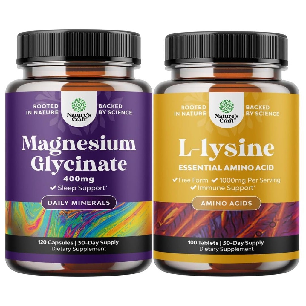 Bundle von Magnesium Glycinat Kapseln für Frauen & Männer für Stimmung und Entspannung und L-Lysin essentielle Aminosäuren für Augengesundheit Lip Care Knochen unterstützen Immunsystem unterstützen Muskelwachstum