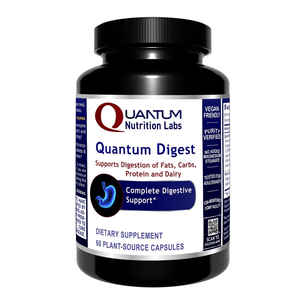 Quantum Nutrition Labs Quantum Digest - Verdauungs-Gesundheitsenzyme für Frauen und Männer, Verdauungsunterstützung für Gut-Gesundheit, Fully Active Vegan Enzyme Pillen - 60 Vegetarische Kapseln