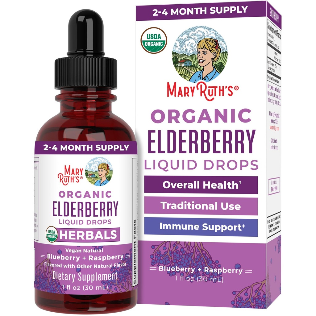 MaryRuth Organics Elderberry Syrup | USDA Organic | Sugar Free Immun Support Supplement für Erwachsene & Kinder, Alter 1 | Vegan, Non-GMO, Immun Boosters, Clean Label Project Verified | 1 Fl Oz