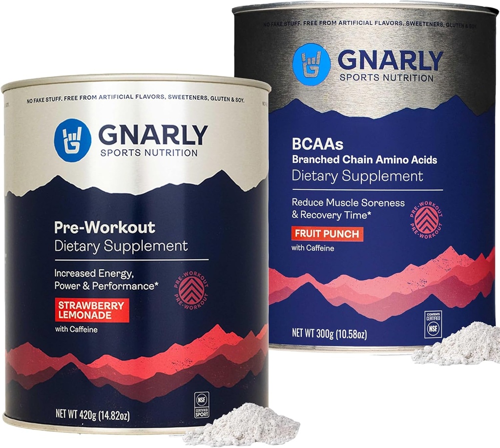 Gnarly Nutrition Gnarly Preworkout Lémonade aux fraises (14.82oz) BCAAs Fruit Punch (10.58oz)