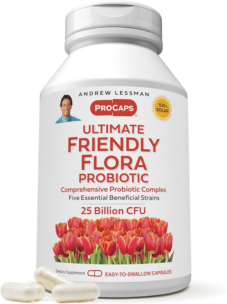 ANDREW LESSMAN Ultimate Friendly Flora Probiotic 240 Capsules - 25 Billion CFU, umfassende Mischung aus fünf probiotischen Strainen, Leistungsstarke Immun- und Verdauungsunterstützung. Probiotika für Frauen oder Männer