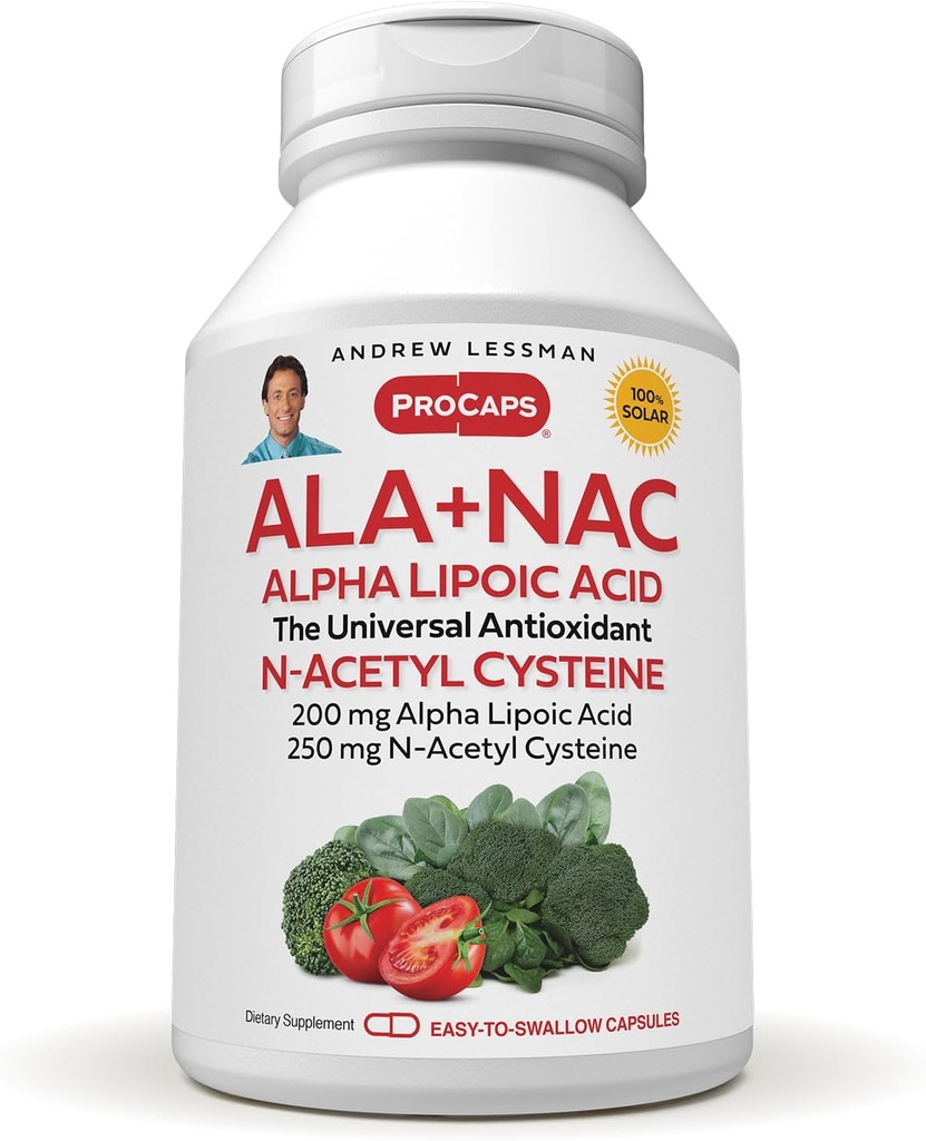 ANDREW LESSMAN ALA + NAC Alpha Lipoic Acid mit N-Acetyl-Cystein 180 Kapseln - Ultra-High Potency, Anti-Oxidant-Unterstützung für Nervensystem, Herz, Gehirn, Leber, Nieren, Lunge, Energie. Keine Zusatzstoffe