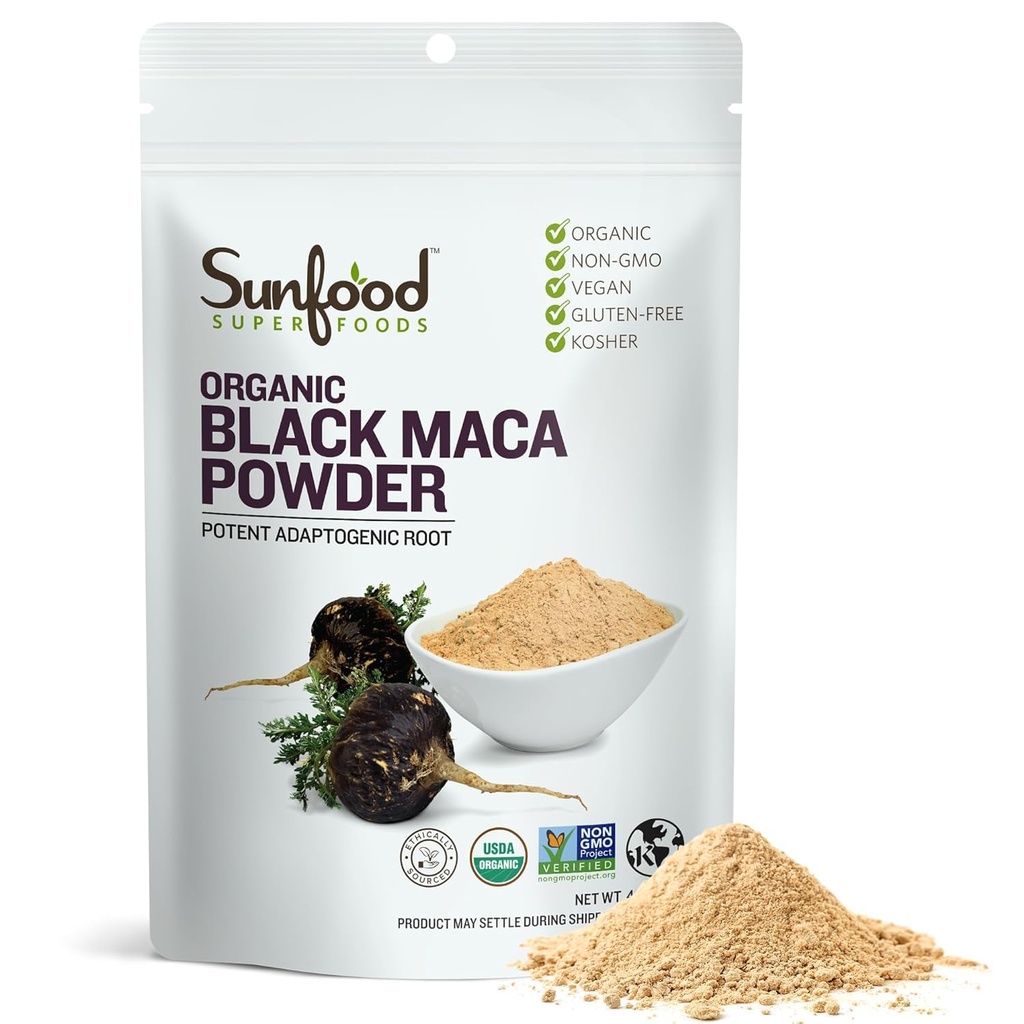 Sunfoods Superfoods poudre de maca noire biologique - poudre de maca noire, racine de maca noire pour les hommes et les femmes, péruvien, brut, végétalien, poudre de maca noire Premium - 4 oz sac