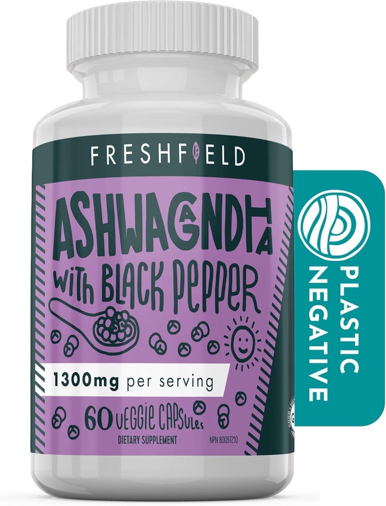 Freshfield Ashwagandha mit schwarzem Pfeffer. Vegan freundliche Ergänzung für Adrenal Fatigue Support, Muskelspeicher, Schilddrüse und Stärke. Alle natürlichen 1300mg Kapseln