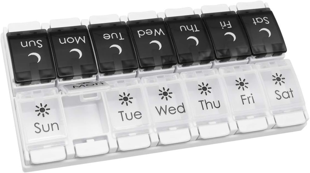 EZY DOSE Push Button (7-Day) Pille Case, Medizin Planner, Vitamin Organizer, 2 Mal pro Tag AM/PM, abnehmbare Trays, große Komponenten, Arthritis Friendly, Spring Open Black und White Lids, BPA Free