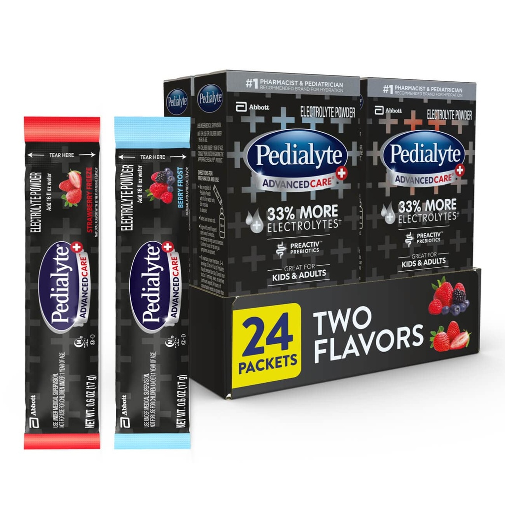 Pedialyte AdvancedCare Plus Poudre d'électrolyte, a 33 % plus d'électrolytes et prébiotiques préactivés, lot de variétés: gel de baies et fraises, 24 paquets de poudre