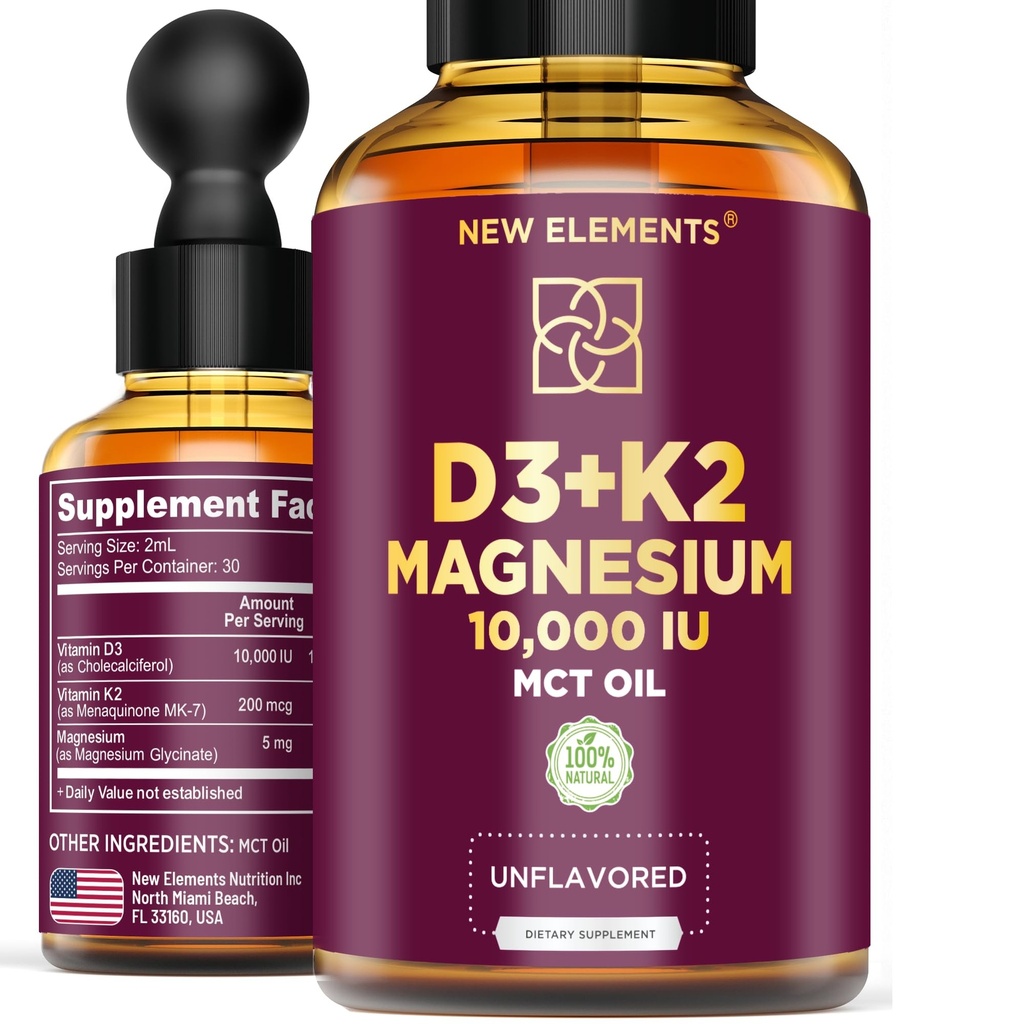 Flüssiges Vitamin D3 mit K2 & Magnesium Glycinat | Vitamin D Tropfen 10.000 IU | Vitamin K2 200mcg Mk7 | Vitamin D3 + K2 Nahrungsergänzung für Männer & Frauen | Hohe Absorption | MCT Öl | Glutenfrei | Non-GMO