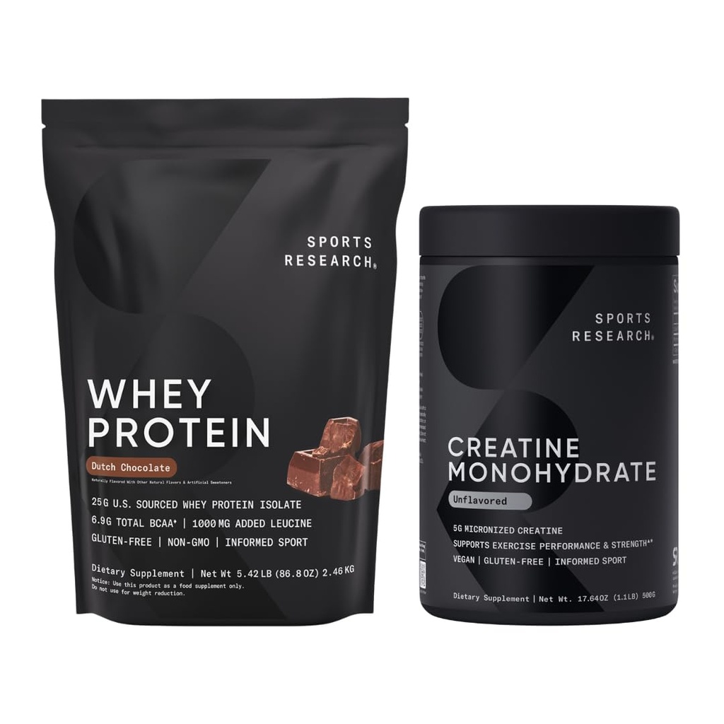 Sports Research® Creatine Monohydrate (1.1 LBS) und Dutch Chocolate Whey Protein (5.42 LBS), The Dynamic Duo for Lean Muscle Building, Verbesserung der Leistung und Ausdauer Erholung