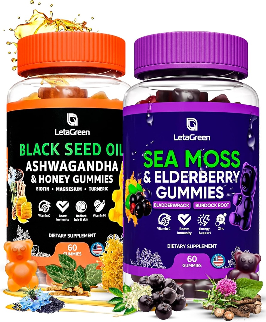 Irish Sea Moss und Black Seed Oil Gummis Bundle – 120 Vegan Gummibärchen - Elderberry für Kinder & Erwachsene - Nigella Sativa mit Ashwagandha & Honey