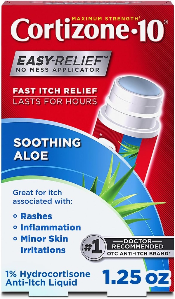 Cortizone-10 Maximale Kraftberuhigung Aloe Itch Relief Kein Mess-Applikator, 1% Hydrocortison, Fast-Acting, Anti-Itch Flüssigkeit für Bug-Bites, Rash, Eczema, Psoriasis, Gift Ivy, Oak & Sumac, 1,25 fl oz