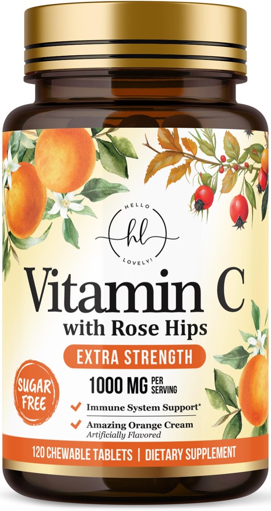Vitamin C Ergänzung 1000mg - Extrastärke mit Rose Hips Bioflavonoids - Sugar Free Vitamin C Kaubare Pillen, Nature's Vit C für Immununterstützung und Antioxidantienschutz - 120 Kautabletten