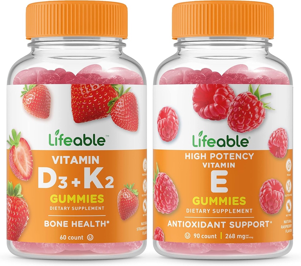 Lebensfähiges Vitamin D3 + Vitamin K2 + Vitamin E, Gummis Bundle - Große Verkostung, Vitaminergänzung, Glutenfrei, GVOfrei, Kaugummi