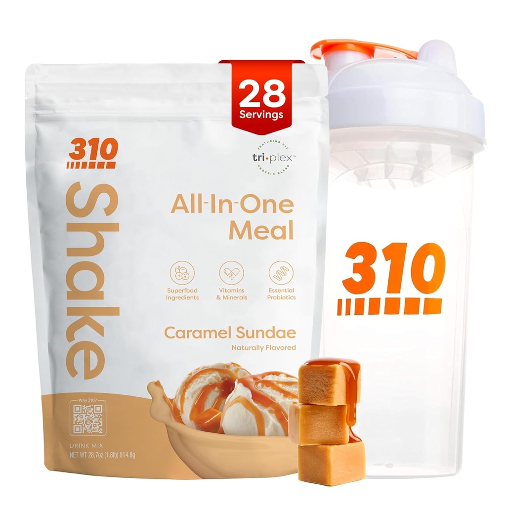 310 Ernährung All-in-One Meal Ersatz Shake Powder w/Shaker Cup Starter Kit - High Protein Fiber Rich Vegan Superfood Blend - Sugar-Free, Keto & Paleo Friendly, Low Carb - Caramel Sundae 28 srv