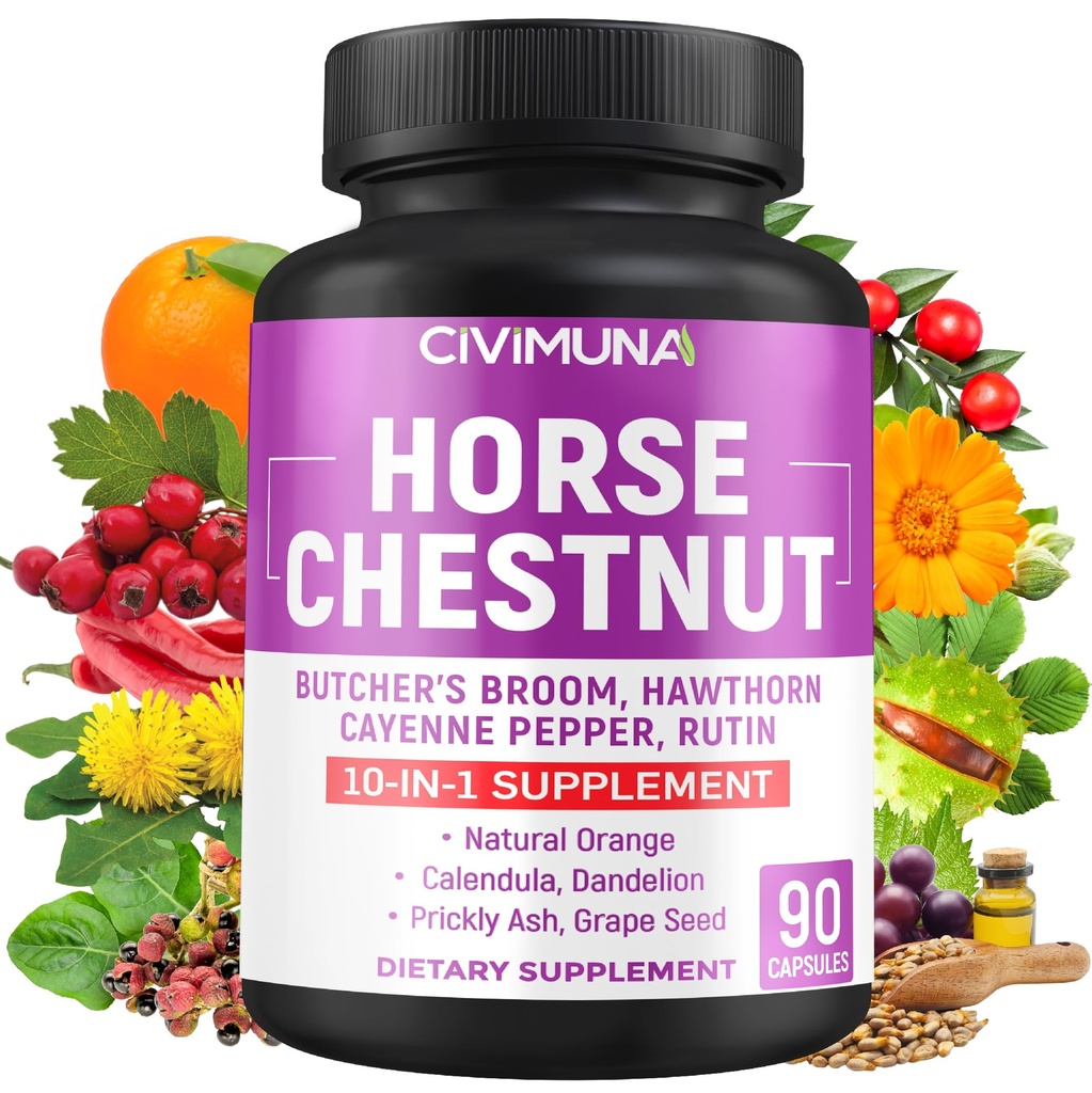 Horse Chestnut Capsules with Horse Chestnut, Butcher's Broom Root, Cayenne Pepper and More - 90 Capsules for 3 Months Supply