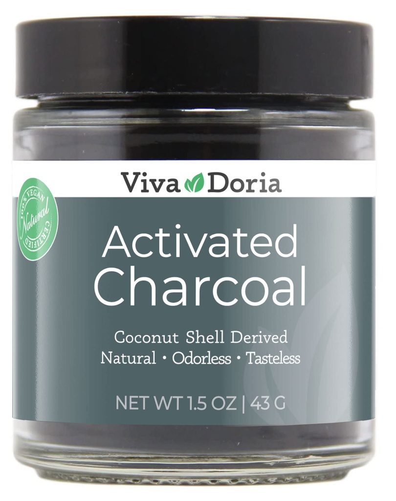 Viva Doria Virgin a activé la poudre de charbon de bois, dérivée de noix de coco, qualité alimentaire, 1,5 Oz de verre