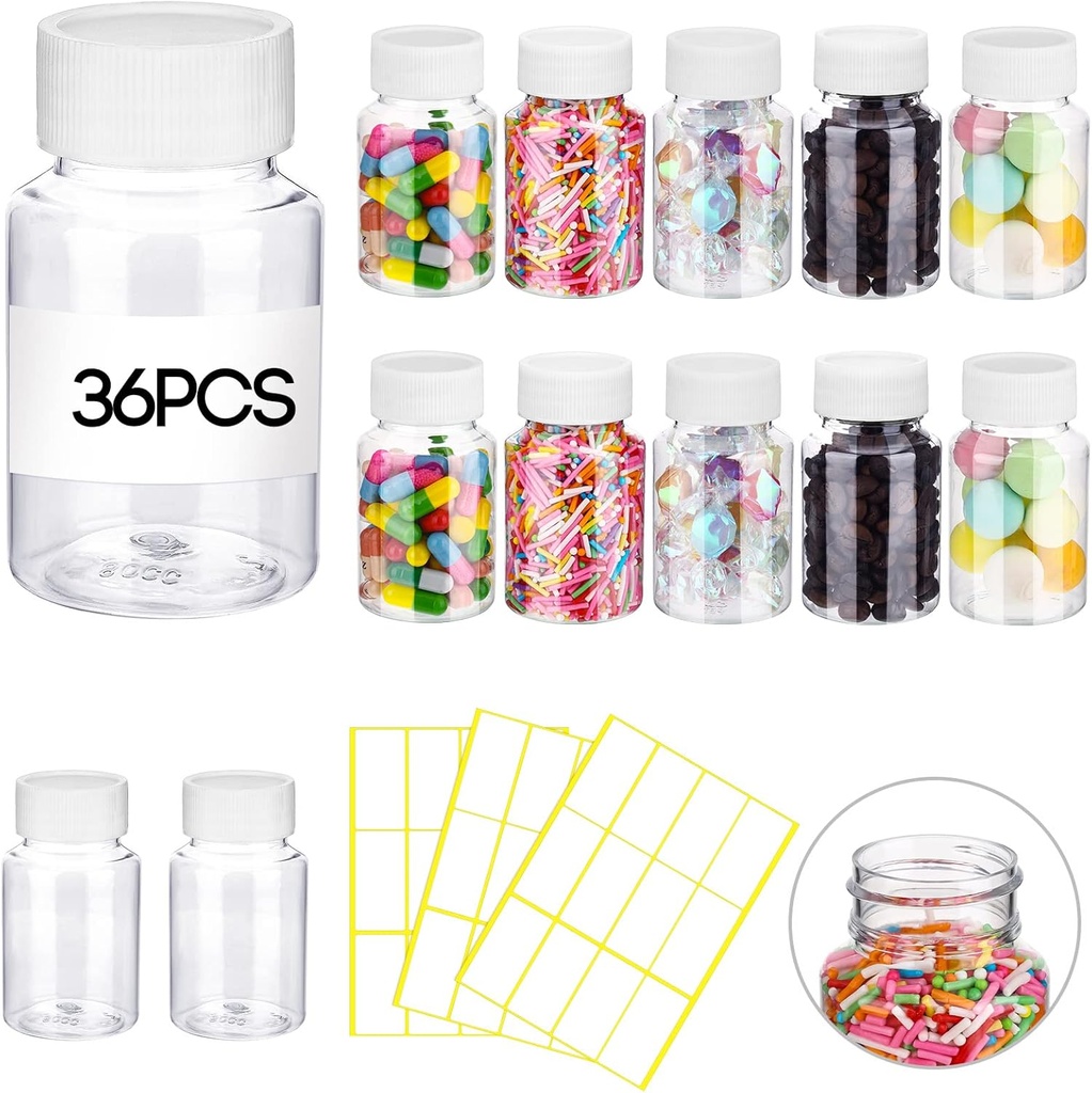 Vesici 36 Pcs 80 ml Clear Pill Bottle Plastic Medicine Empty Reagent Bottle with White Screw Cap Solid Powder Case Refillable Containers with Label Sticker for Liquid Solid Powder Medicine
