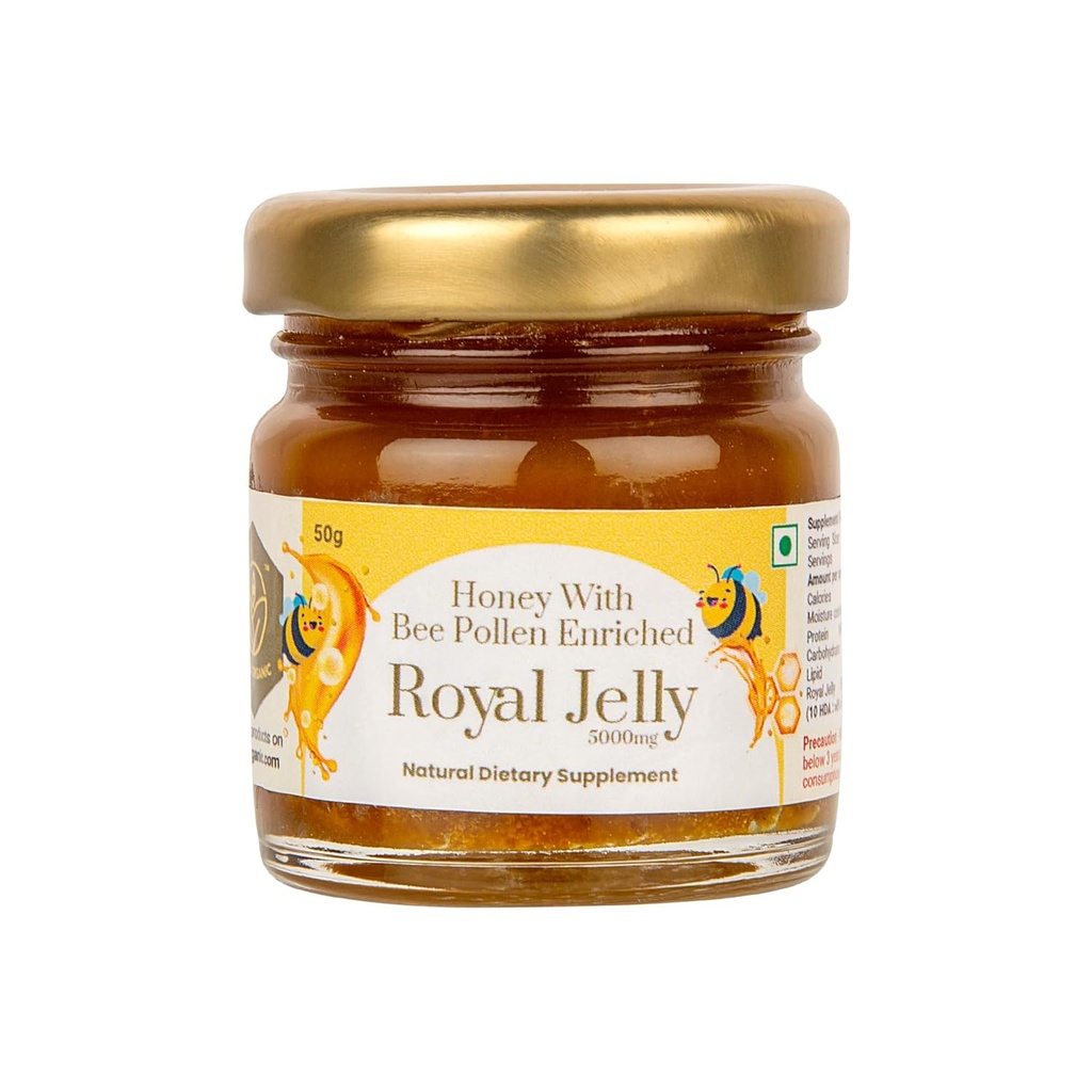 Shiva Bio Honig mit Bienen Pollen angereichert 2% Royal Jelly (50g) - Premium Organic Source - Unaltered Raw Honey mit Royal Jelly Infusion für ganzheitliches Wellness