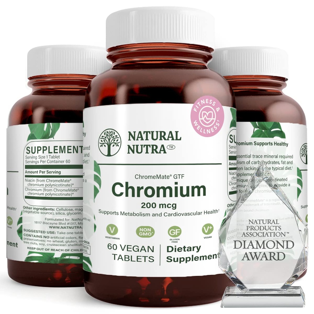Natürliche Nutra GTF Chrom-Polynicotinat mit ChromeMate, unterstützt Körper-Metabolismus, fördern Körper-Gesundheit, Herz-Kreislauf-Gesundheit 200 mcg, 60 Vegan Tabletten