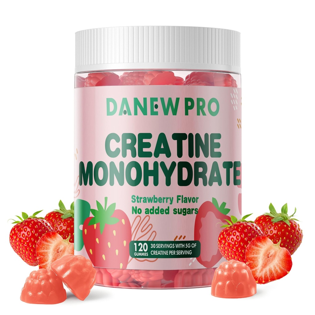 Gummy 5g certifié NSF - Gummy 5g monohydraté créatine pour les hommes et les femmes, Monohydraté créatine pour la force musculaire, constructeur de muscles, boost énergétique, supplément pré-entraînement(120 comte)-Strawberry