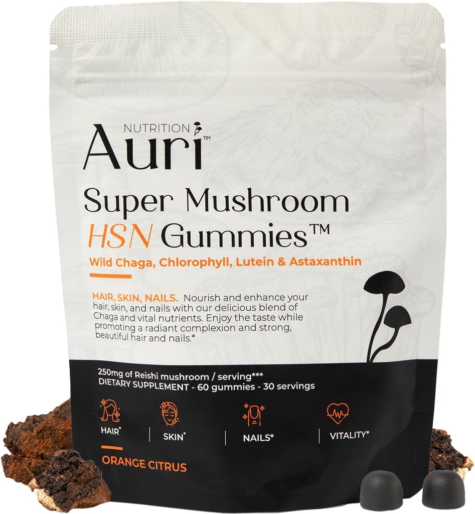Auri Super Pilz HSN-Gummien - Haarhaut und Nägel-Gummi Funktionelle Pilze Ergänzung - mit Wild Chaga, Chlorophyll, Lutein und Astaxanthin - 60 Orange Citrus Gummies