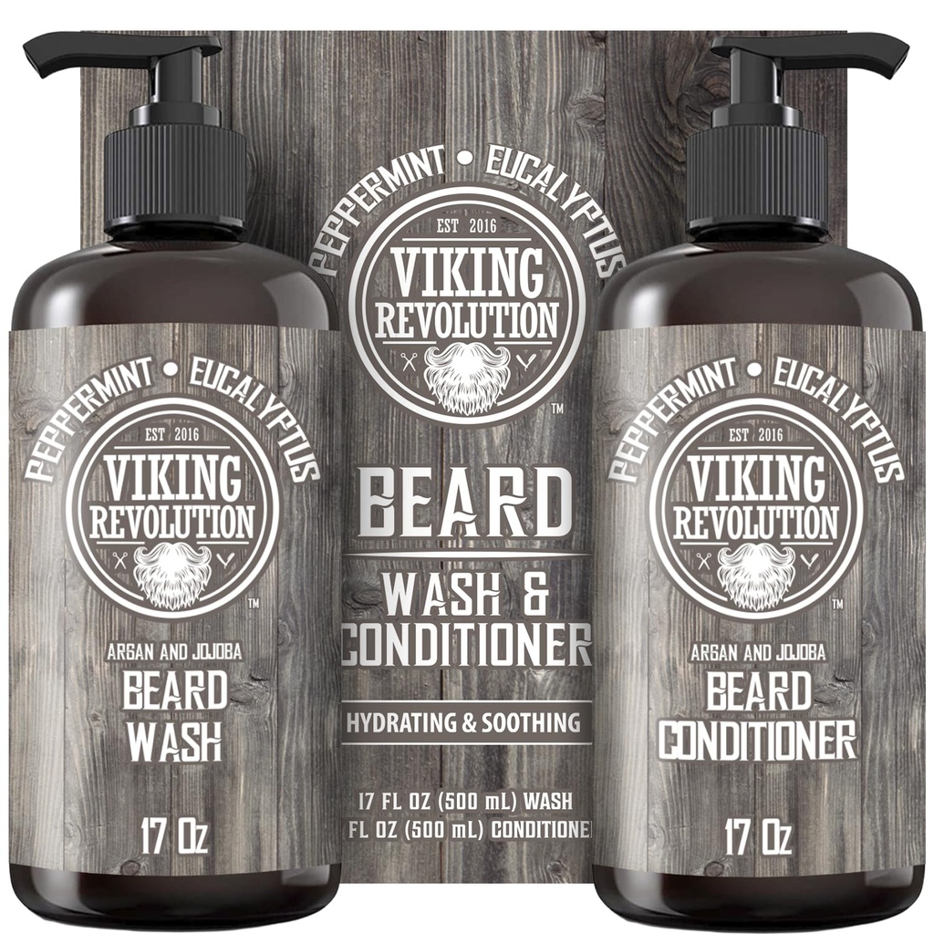 Viking Revolution Bart Wash & Conditioner Set w/Argan & Jojoba Öle – Weichen, Glatte & Stärken Bartwachstum - Natürliche Pfefferminze und Eucalyptus Duft - Shampoo (17 oz)