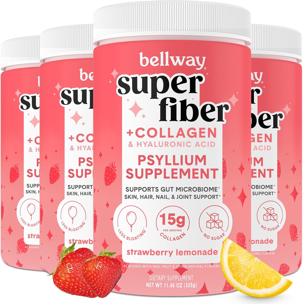 Bellway Super Fiber Powder + Collagen (4 Pack), Sugar-Free Psyllium Husk Pulver mit Collagen Peptides für Gut Gesundheit, Gesunde Haut, Nägel, Knochen & Gelenke, Erdbeer-Lemonade (45,84 Unze)