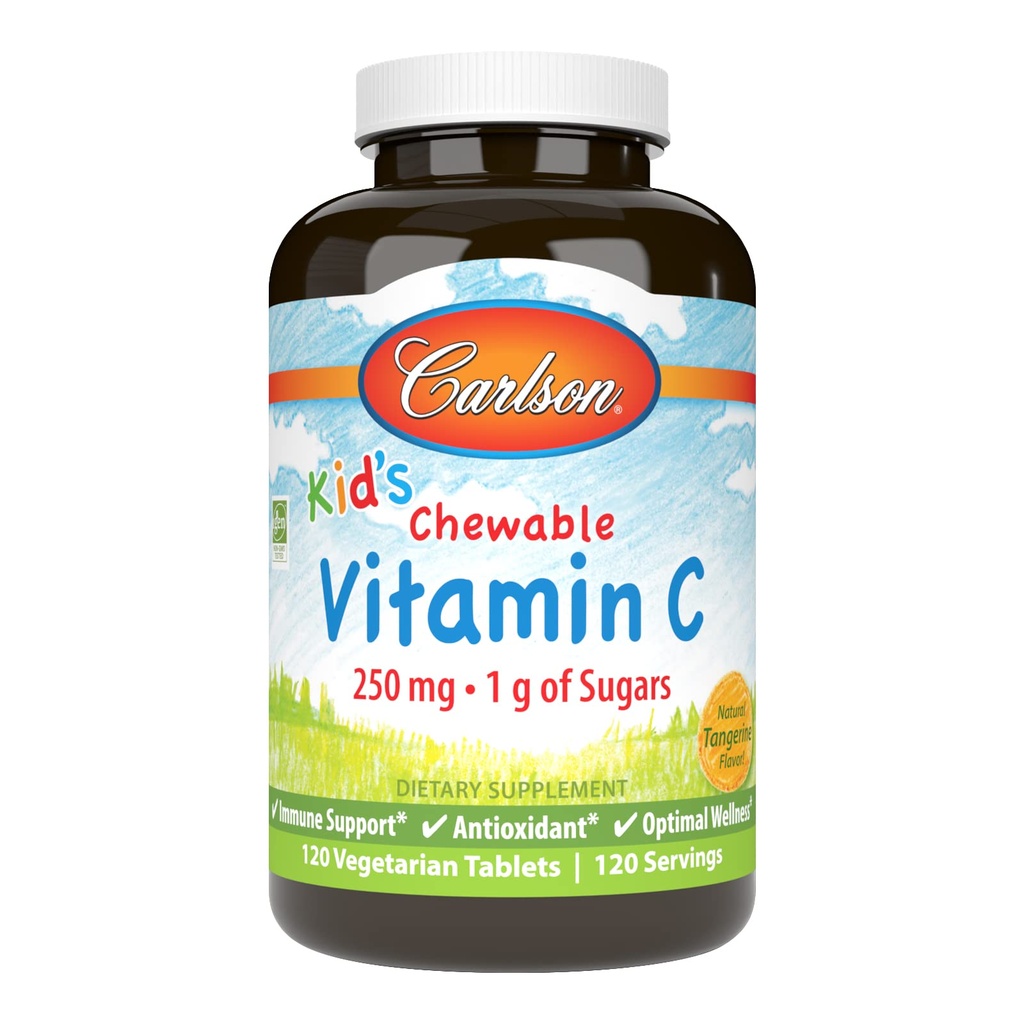 Carlson - Kid's Chewable Vitamin C, 250 mg, 1 g Zucker, Immununterstützung & Optimale Wellness, Antioxidans, Tangerine, 120 vegetarische Tabletten
