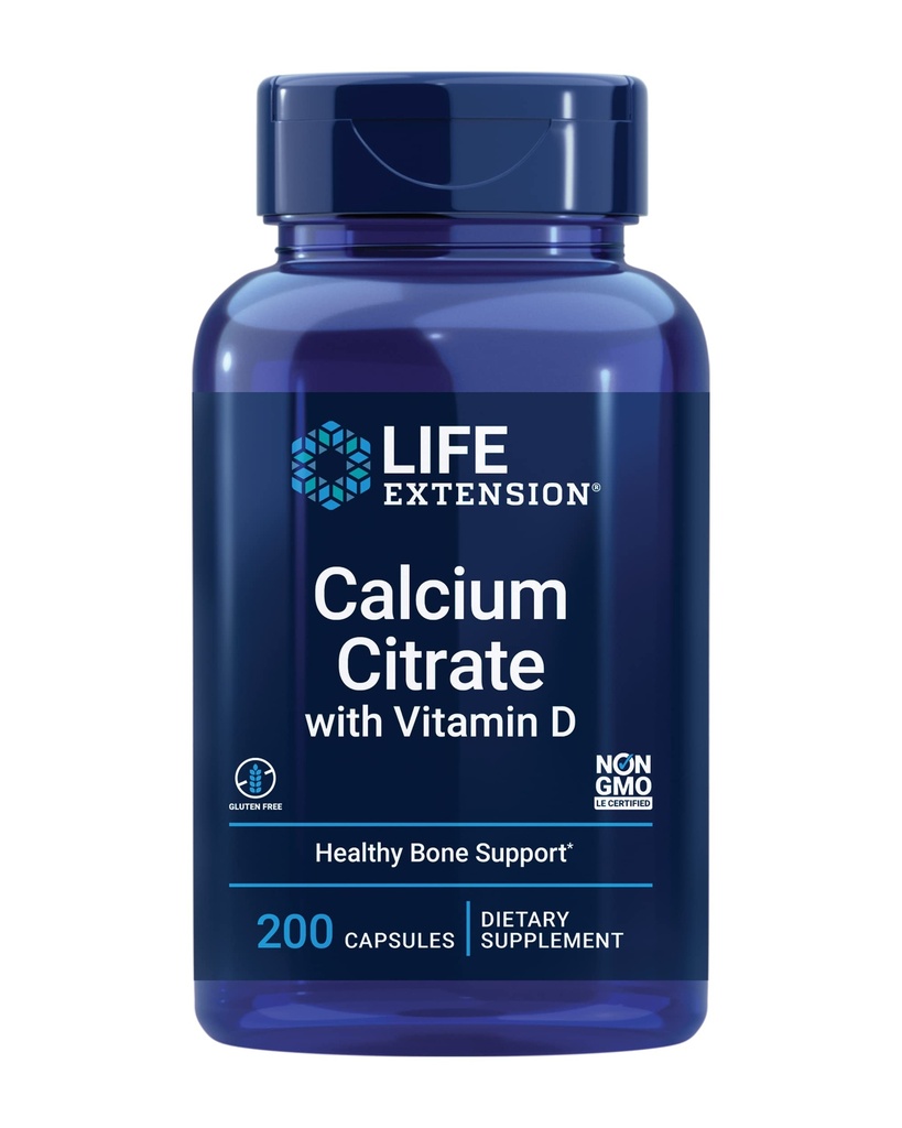 Lebensverlängerung Kalzium Citrat mit Vitamin D, Super-absorbierbares Kalzium zur Unterstützung der optimalen Knochengesundheit, Glutenfrei, Non-GMO, 200 Kapseln