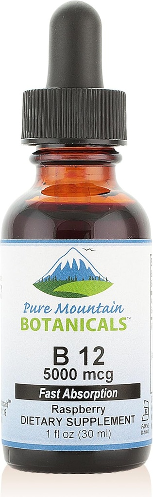 Pure Mountain Botanicals B12 Vitamin 5000 mcg – Kosher B12 Tropfen in 1oz Flasche mit natürlichem Berry Flavor