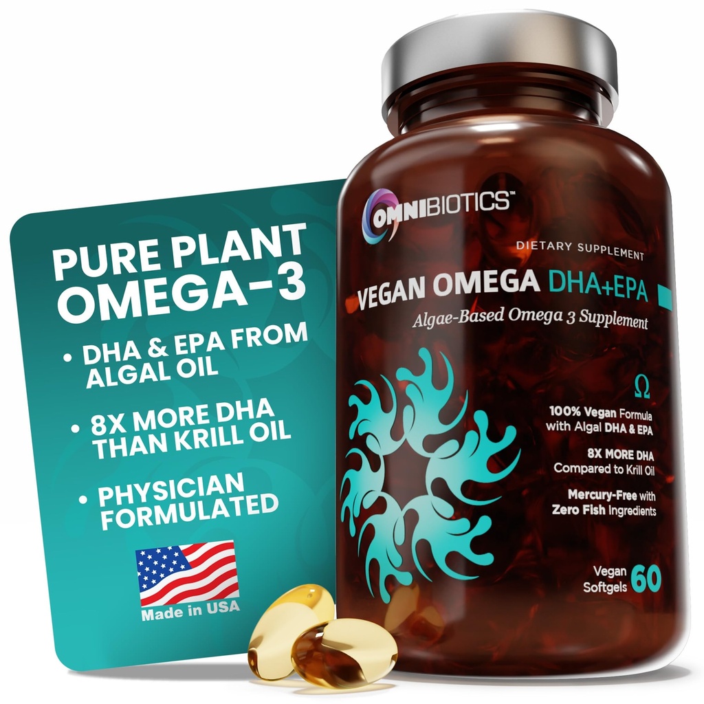 OmniBiotics Vegan Omega 3 DHA EPA Supplement – MD-Certified Prenatal Supplement with 8X More DHA Than Krill Oil, Fish-Free, Non-GMO – 60 Vegan Capsules