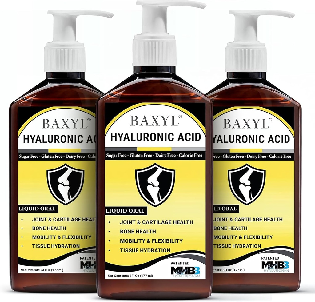 BAXYL Flüssige Hyaluronsäure-Zusatz - Natürliche Citrsäure, Kalium-Sorbat Zutaten Formuliertes geschmackloses Sirup - Bereitstellung gesunder Knorpel & Knochenbildung - 3 Flaschen von 6 Fl Oz
