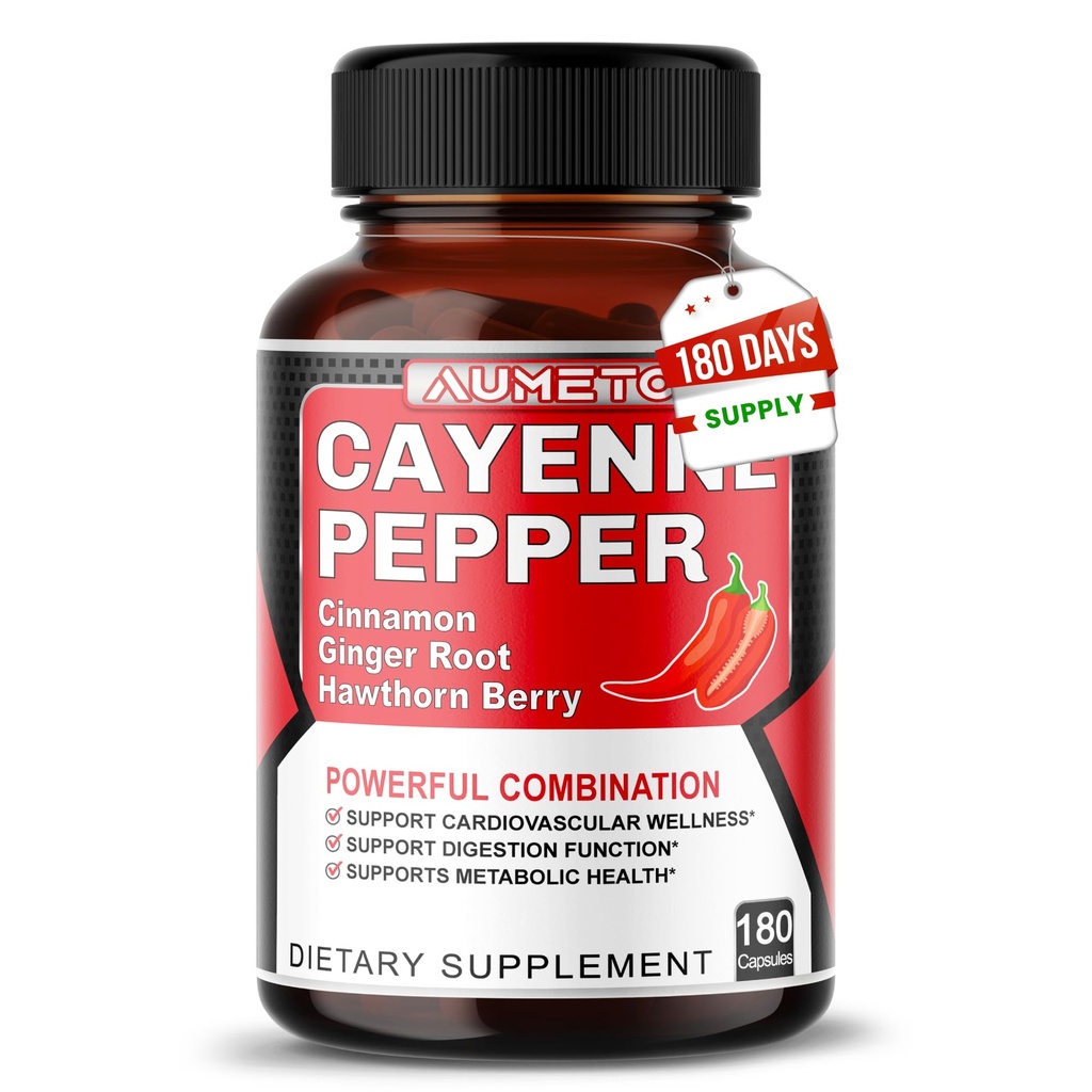 Capsules de poivre Cayenne - Complexe Ultra avec cannelle, gingembre, cardamome, berry Hawthorn - Soutien Digestion, Circulation et Bien-être général (180 Compte (paquet de 1))