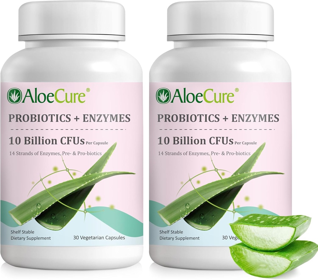 AloeCure Daily Probiotics 10 Billion CFU für Verdauungsunterstützung 8 Strains, 6 Präbiotika & Enzyme - Verdauungsergänzung mit Bromelain für Damen und Herren - Gut-Unterstützung, Verdauungshilfe, 30 Caps x 2btls