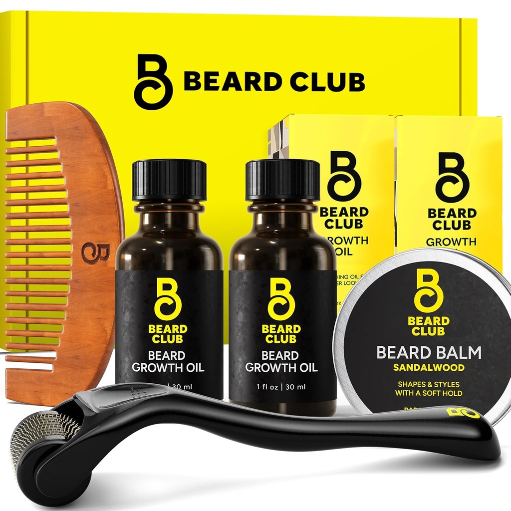 Kit de croissance améliorée de la barbe du club de barbe - Derma Roller, huile de croissance de la barbe (2PK), baume de la barbe de sandale, peigne - Ensemble cadeau
