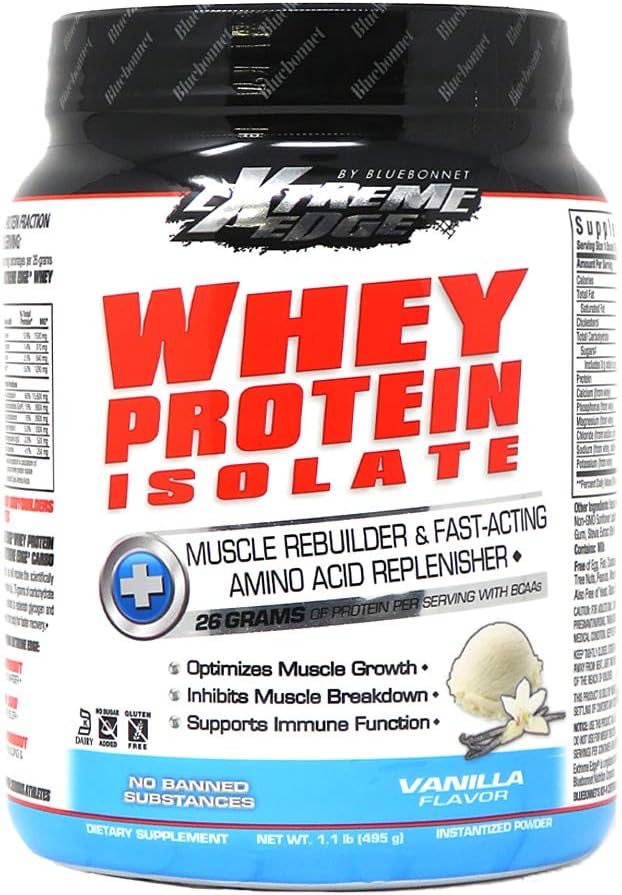 Bluebonnet Nutrition Extreme Edge Whey Protein Isolate Powder, Gras Fed Cows, 26 Grams of Protein, No Sugar Added, Non GMO, Gluten Free, Soy Free, Kosher Dairy, 1 lb, 15 Servierungen, Vanille Flavor